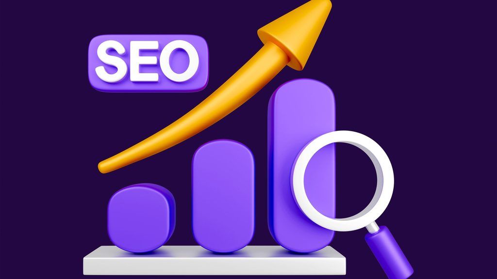 Icono 3D De Gráfico De Barras Ascendente Con Lupa Y Etiqueta Seo, Representando El Crecimiento En Posicionamiento De Una Agencia De Marketing O Ia