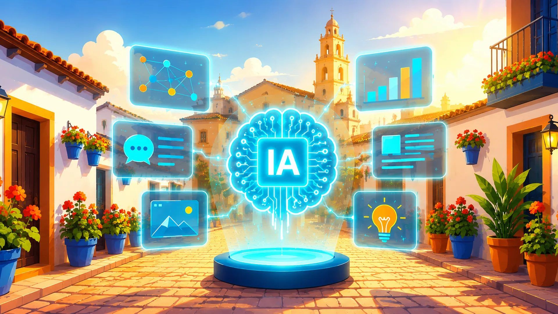 Agencia De Marketing O Ia En Córdoba: Ilustración De Inteligencia Artificial Aplicada Al Marketing Digital, Con La Mezquita-Catedral De Córdoba Al Fondo
