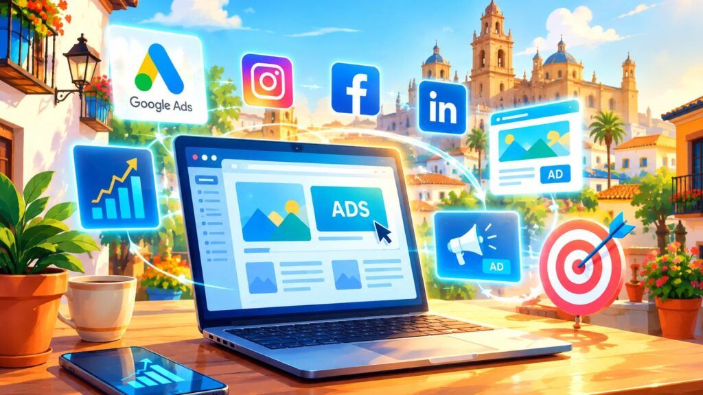 Captación De Clientes Sin Ads En Córdoba: Laptop Mostrando Anuncios Digitales Conectados A Google Ads, Instagram, Facebook Y Linkedin, Con La Mezquita-Catedral Al Fondo