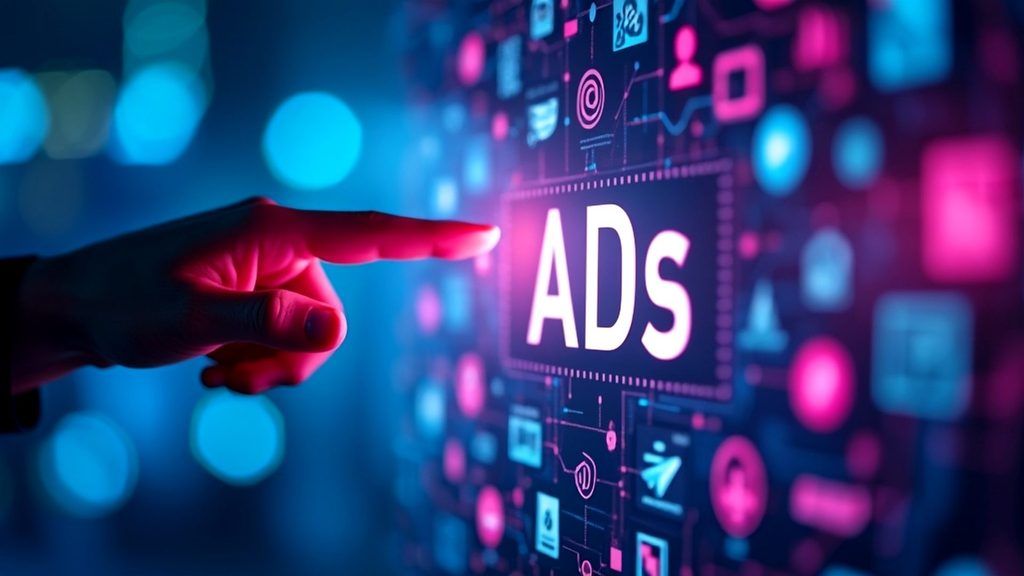 Captación De Clientes Sin Ads: Cómo Construir Un Sistema Sostenible En 2026 Mano Señalando El Botón Ads En Una Pantalla Digital, Ilustrando El Punto De Partida De La Captación De Clientes Sin Ads